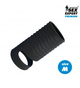 Черная открытая насадка на пенис с кольцом для мошонки size M - 7,9 см.