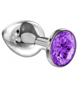 Большая серебристая анальная пробка Diamond Purple Sparkle Large с фиолетовым кристаллом - 8 см.