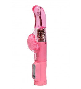 Розовый вибратор с изогнутой головкой и ротацией - 21,5 см.