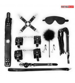 Большой набор БДСМ в черном цвете: маска, кляп, зажимы, плётка, ошейник, наручники, оковы, щекоталка, фиксатор