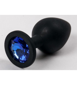 Черная силиконовая анальная пробка с синим стразом - 8,2 см.