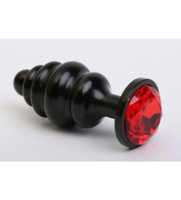Чёрная ребристая анальная пробка с красным кристаллом - 7,3 см.